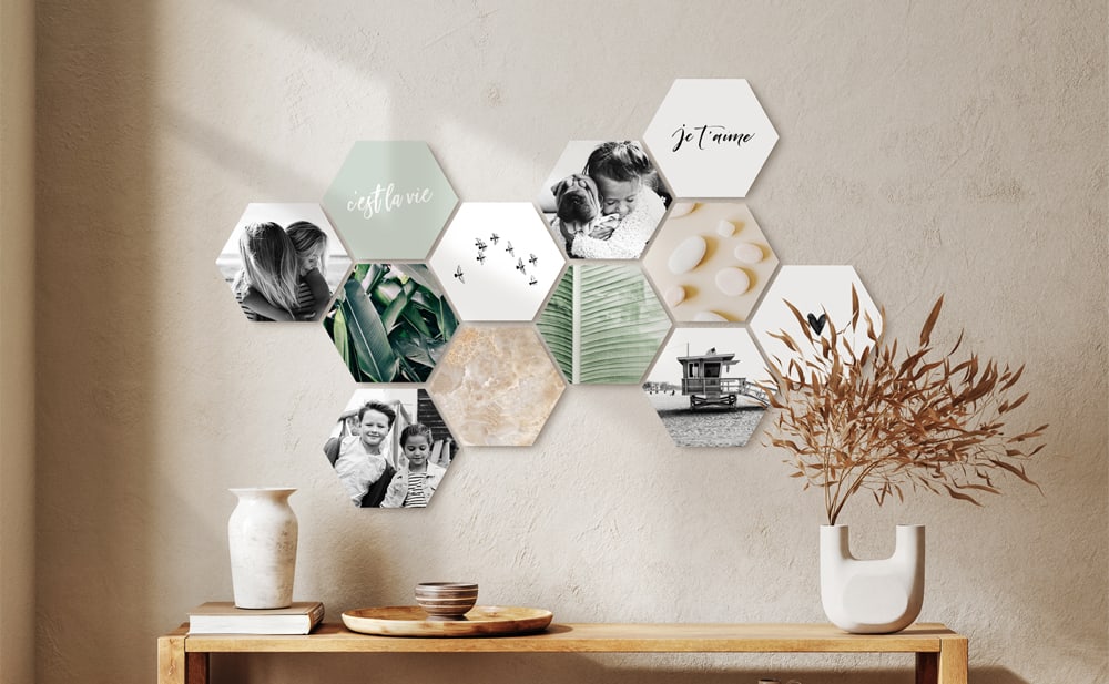 Shapes® wall collage with modular hexagon photo tiles — creative, flexible, and easy to expand for a personalized design.