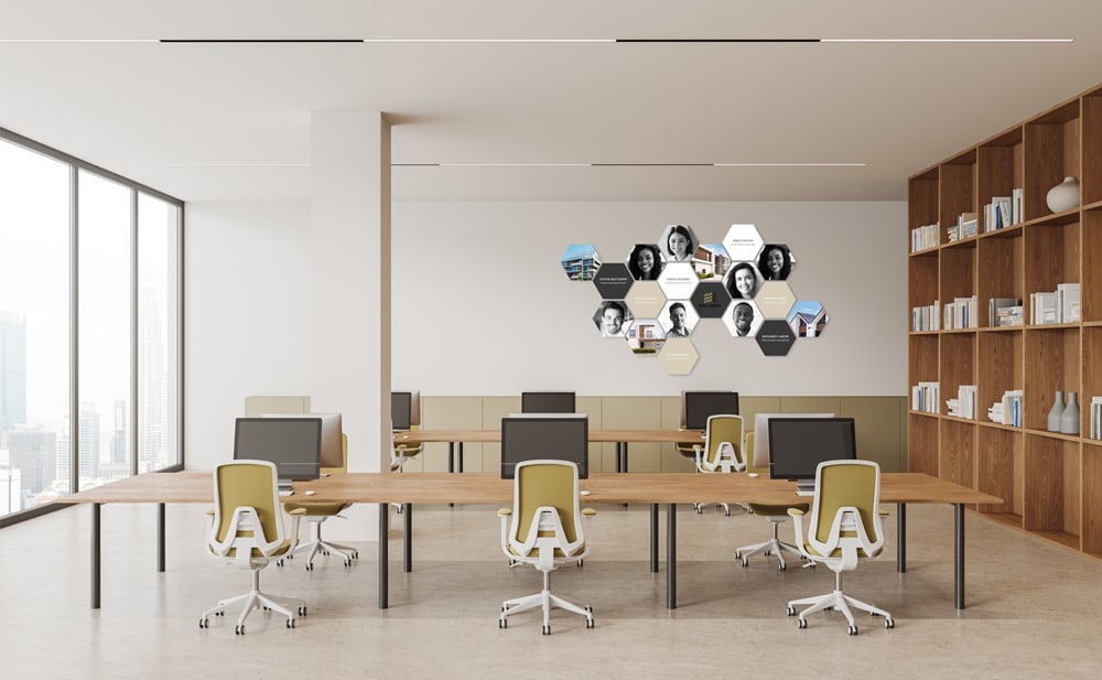 Shapes wall art in an office setting - modern hexagon photo tiles for a stylish and inspiring workspace.