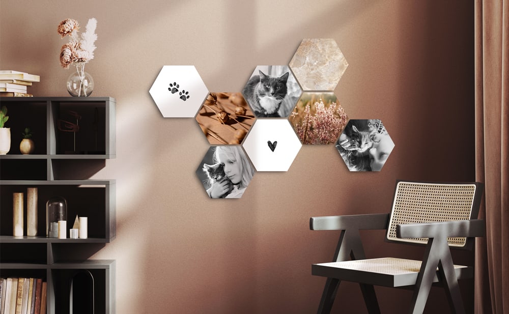 Create a unique wall collage with Shapes® — modular photo tiles in a modern hexagon design. Easy to arrange, expand, and personalize.