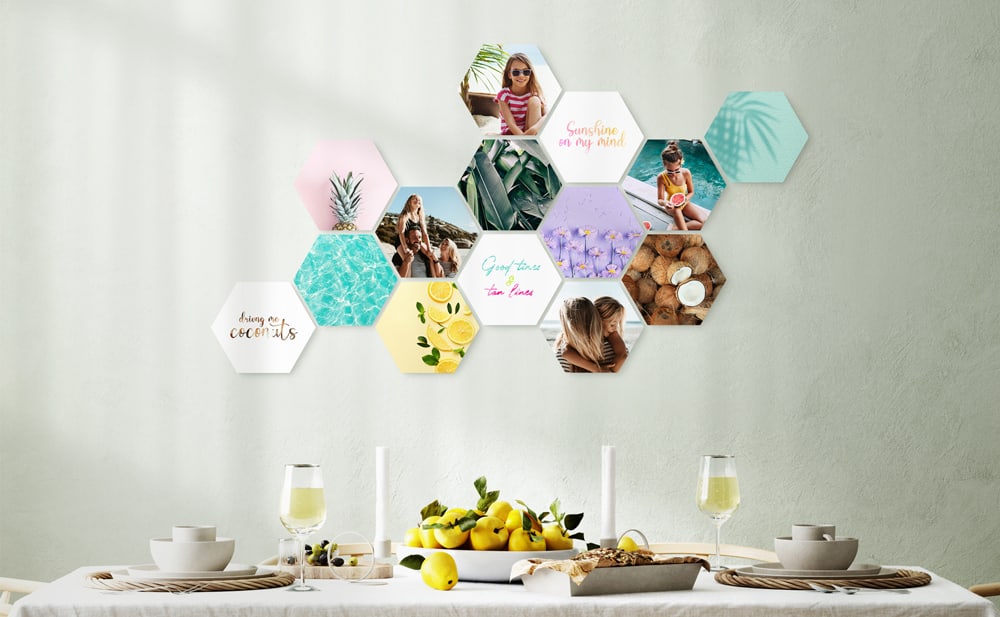 Shapes® wall collage with colourful hexagon photo tiles — playful, lively and easy to adapt to your style.