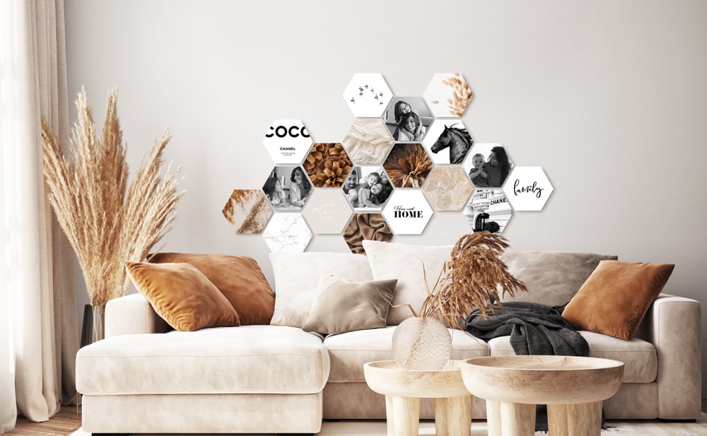Shapes<sup>®</sup> wall collage with modular hexagon photo tiles — creative, flexible and easy to expand for a personal design.