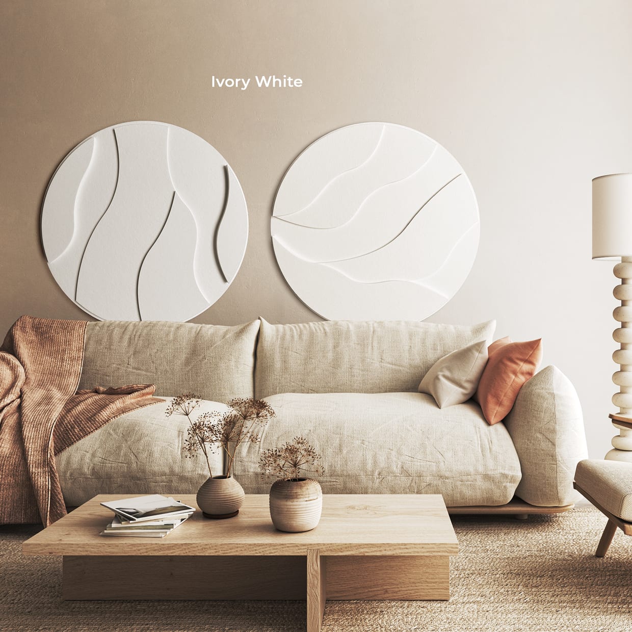Two Ivory White Felt Art Round pieces as art in a room