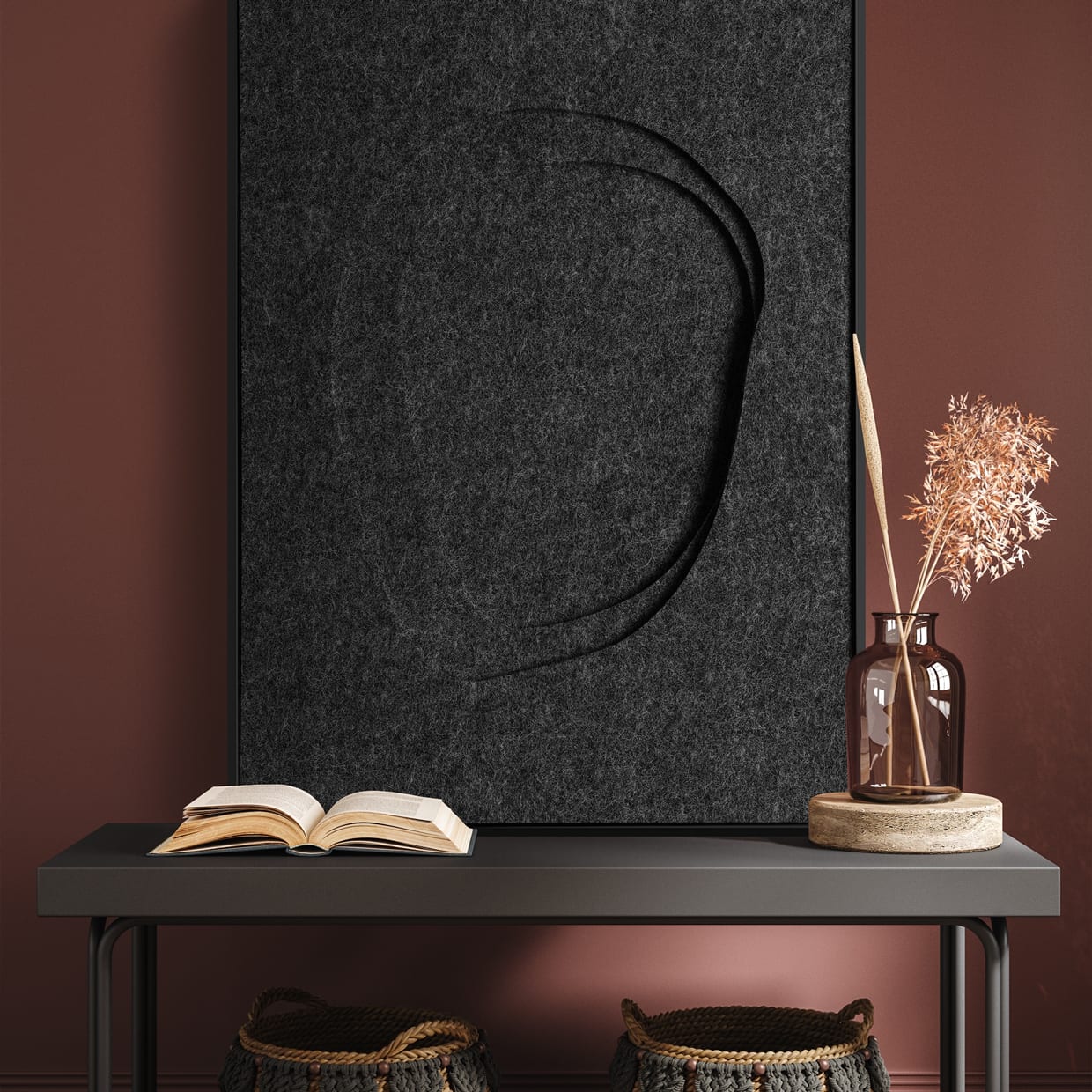 A dark Felt Art piece as art in a room